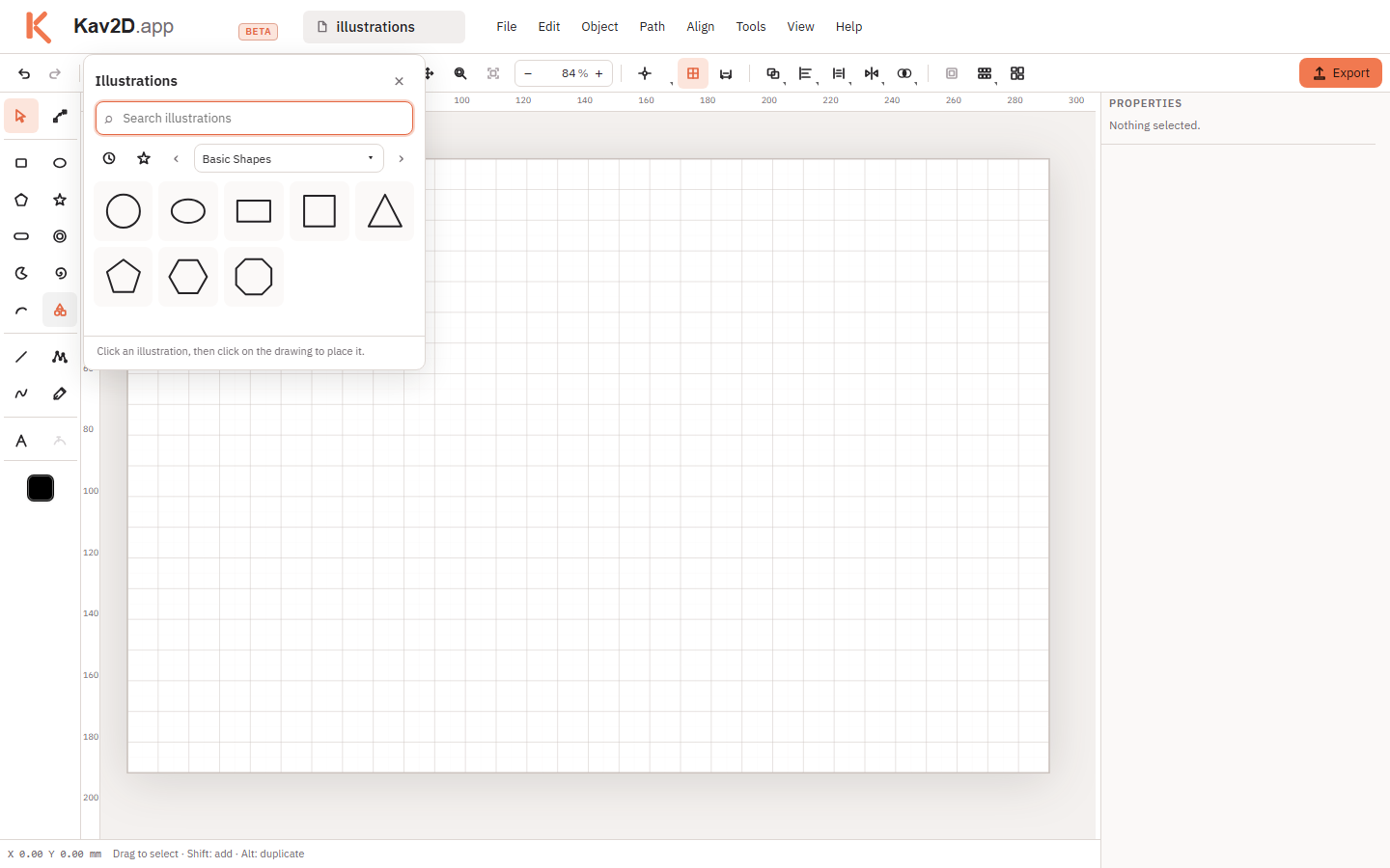 Illustrations panel in the Kav2D editor