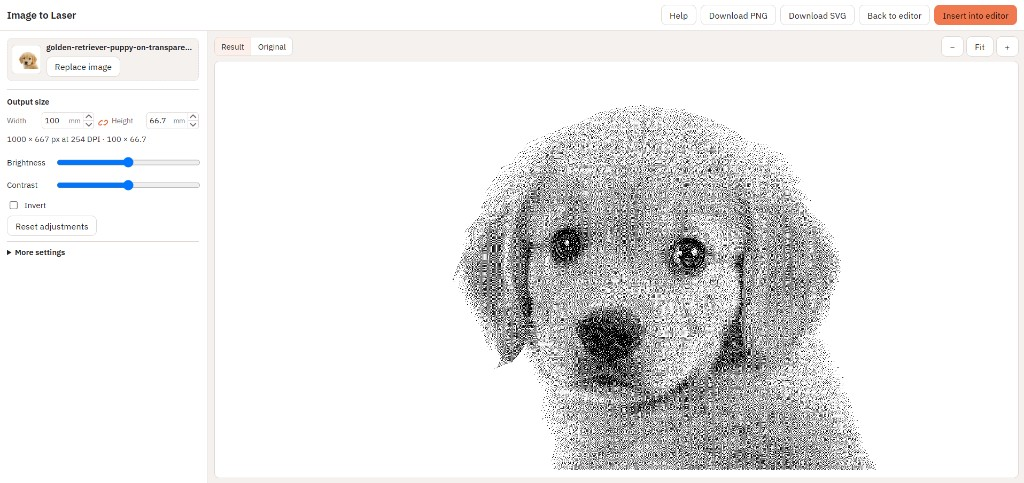 Image to Laser dialog with a photo dithered to black-and-white dots for engraving