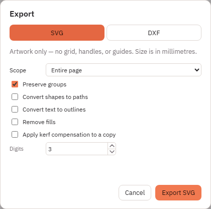 Export dialog in Kav2D with SVG and DXF tabs