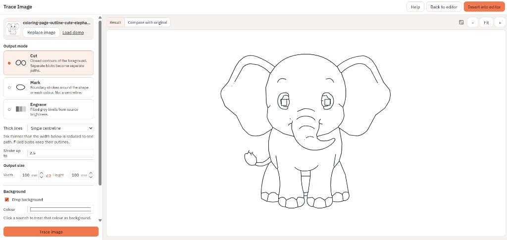 Trace Image in Cut mode with a centreline result from a line-art elephant drawing